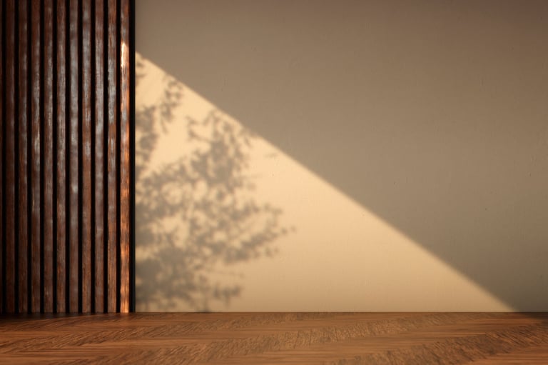 Minimalist modern empty room with sunlight and tree shadow, peaceful interior