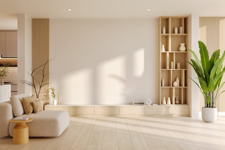 Interior of a modern living room with a stylish wooden sofa and wood shelf. Minimalist design with empty wall space.