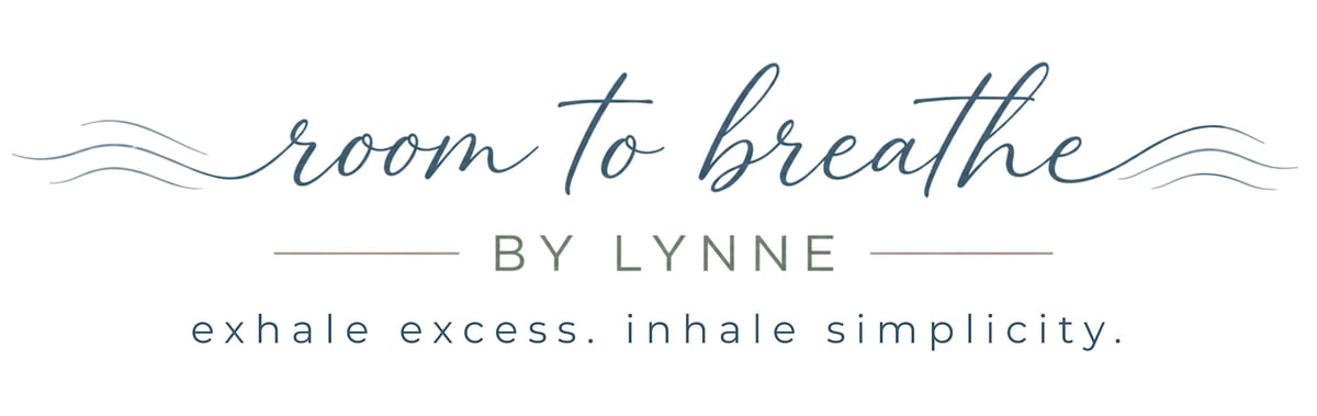 Room to Breathe by Lynne logo with tagline exhale excess, inhale simplicity in elegant script and serif font